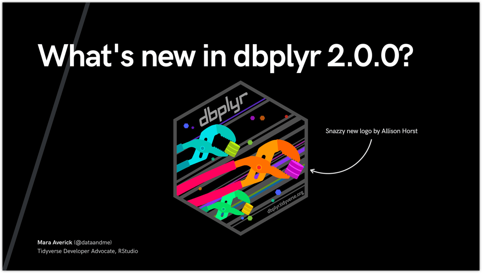 Title reads: What&#039;s new in dbplyr 2.0.0? Below, is the dbplyr hex logo with an arrow pointing to it labelled: snazzy new logo by Allison Horst. The bottom left-hand corner reads: Mara Averick, Tidyverse Developer Advocate, RStudio.
