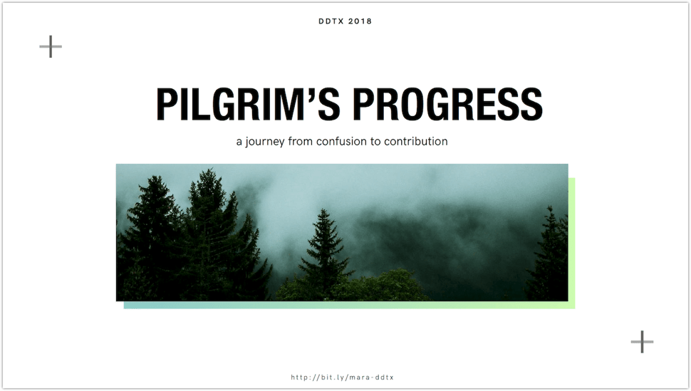 Title reads Pilgrim&#039;s Progress with the subtitle below that reads a journey from confusion to contribution. A decorative picture of a forest with mist is in the center of the slide.