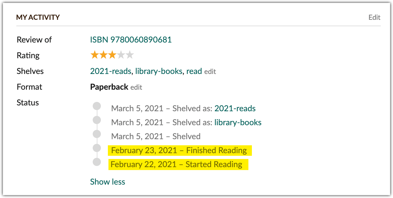 Example of "My Activity" for a book without a date_read entry. The start and finish dates are given (2021-02-22, and 2021-02-23, respectively), but the exported data does not include a date_read.