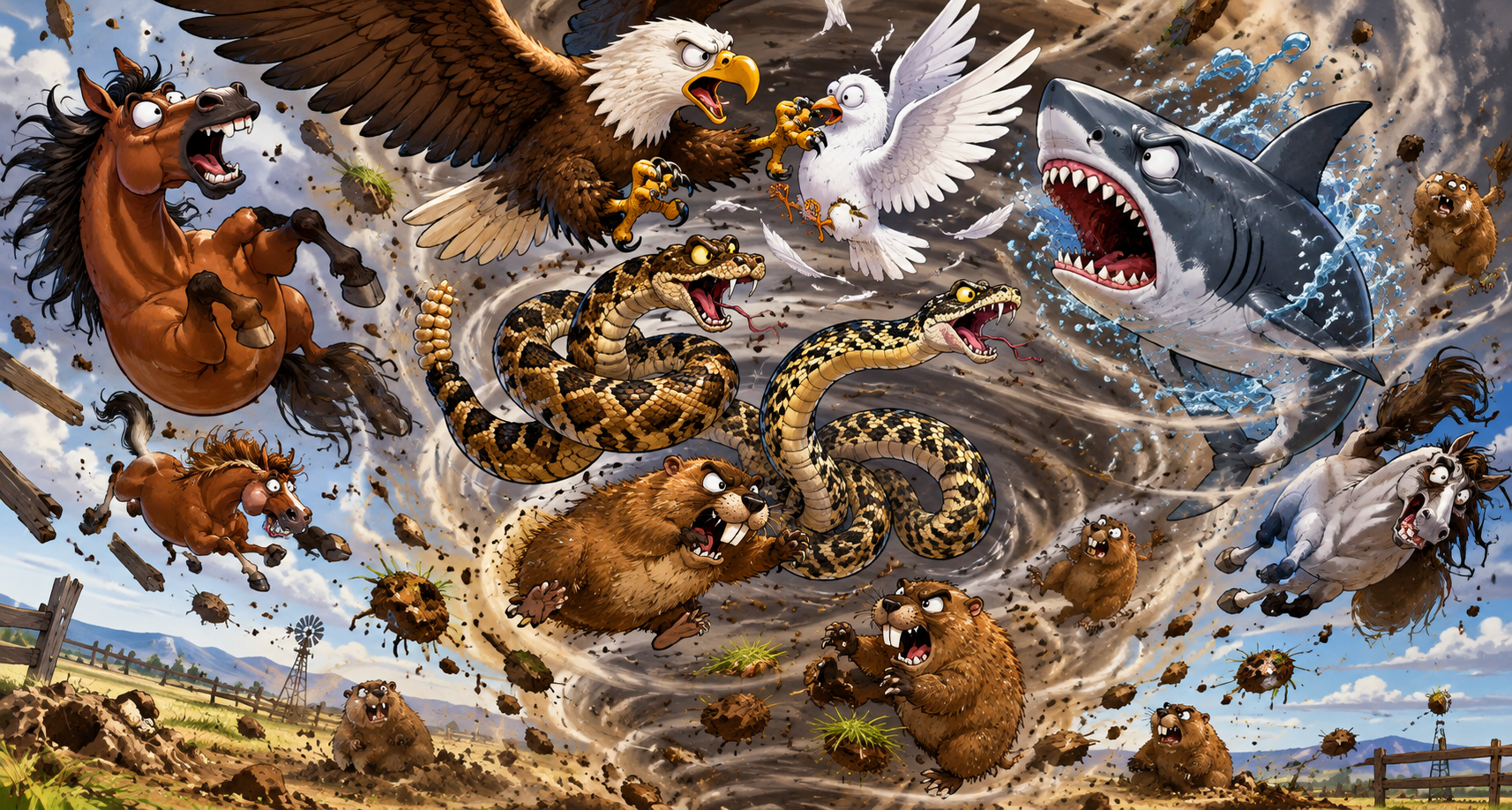 A dust-devil of screaming horses, an eagle, a dove, a shark, two rattlesnakes and a great many gophers