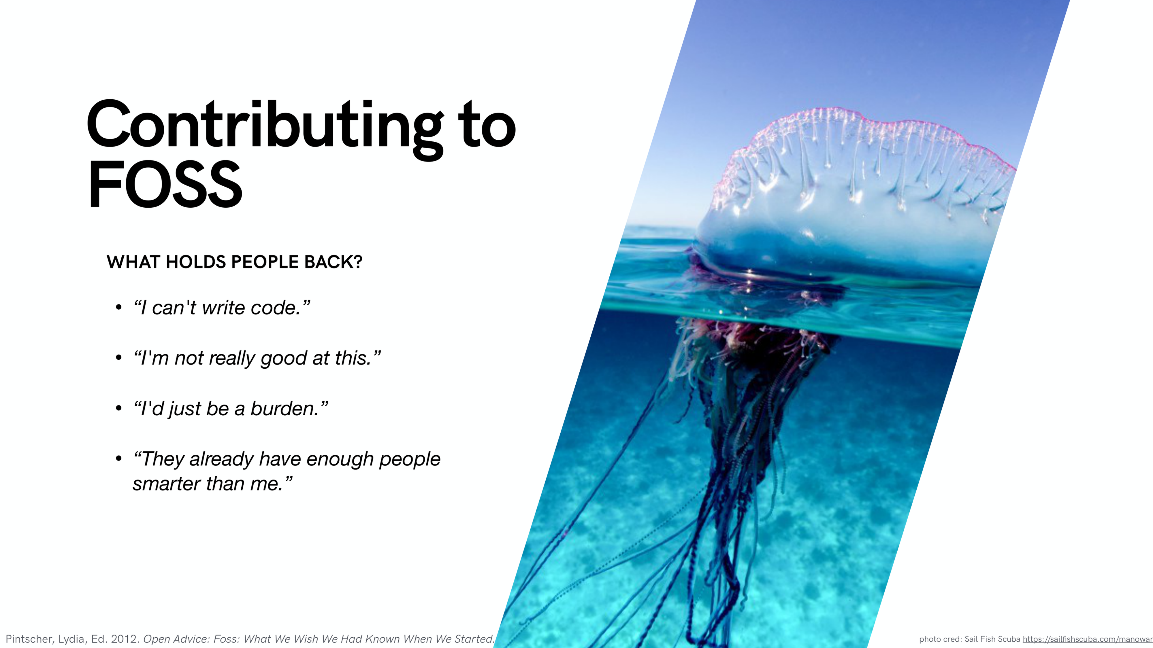 Slide from a 2018 talk, stamped Vintage 2018. Contributing to FOSS. What holds people back? “I can't write code.” “I'm not really good at this.” “I'd just be a burden.” “They already have enough people smarter than me.” Beside the list, a photograph of a Portuguese man o' war floating at the surface, its tentacles trailing far below the waterline.